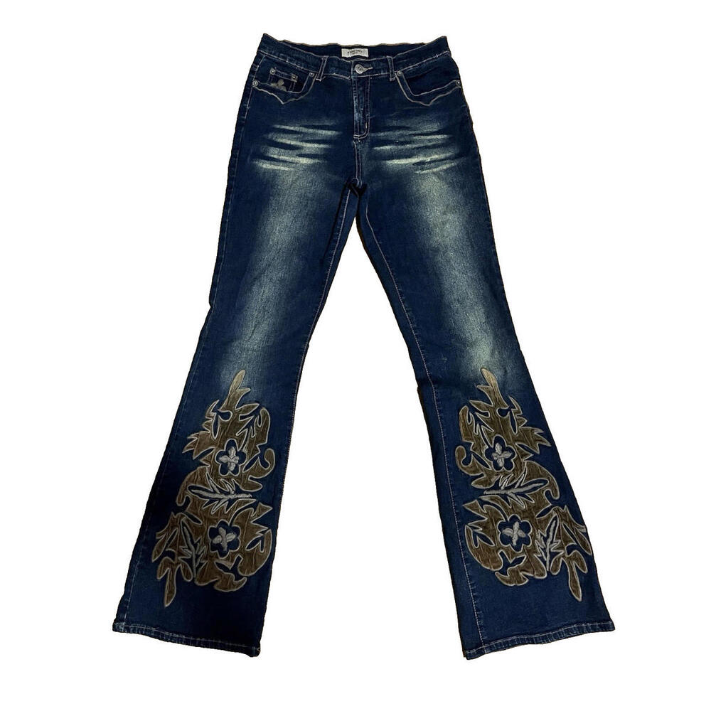 Vtg Liquid X Women Size 27x32 jeans Low-Rise Leg Flared Velvet Embroidery